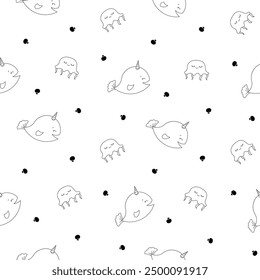 Cartoon aquatic animals. Seamless pattern. Coloring Page. Fish characters underwater world. Marine life. Vector drawing. Design ornaments.