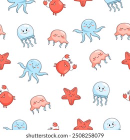 Cartoon aquatic animals. Seamless pattern. Fish characters underwater world. Marine life. Vector drawing. Design ornaments.