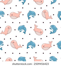 Cartoon aquatic animals. Seamless pattern. Fish characters underwater world. Marine life. Vector drawing. Design ornaments.