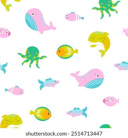 Cartoon aquatic animals. Seamless pattern. Fish characters underwater world. Marine life. Vector drawing. Design ornaments.