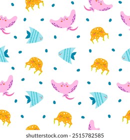 Cartoon aquatic animals. Seamless pattern. Fish characters underwater world. Marine life. Vector drawing. Design ornaments.