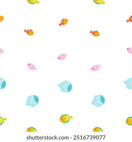 Cartoon aquatic animals. Seamless pattern. Fish characters underwater world. Marine life. Vector drawing. Design ornaments.