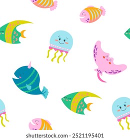 Cartoon aquatic animals. Seamless pattern. Fish characters underwater world. Marine life. Vector drawing. Design ornaments.