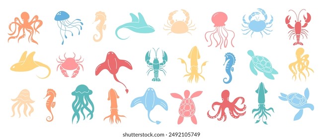 Cartoon aquatic animals set in colorful designs. Featuring marine life with octopus, jellyfish, seahorse, turtle, crab, shrimp, and sea flora. Undersea icons isolated.