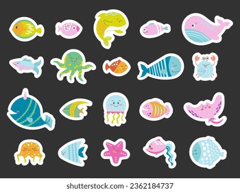 Cartoon aquatic animals. Sticker Bookmark. Fish characters underwater world. Marine life. Vector drawing. Collection of design elements.