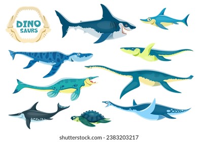 Cartoon aquatic dinosaurs cute characters. Megalodon Ophthalmosaurus, Liopleurodon, Kronosaurus and Tylosaurus, Plesiosaurus, Ichthyosaur and Archelon, Elasmosaurus marine dinosaur vector personages