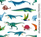 Cartoon aquatic, flying dinosaurs personages seamless pattern. Extinct ocean dinosaurs textile or fabric vector print with Basilosaurus, Doedicurus, Sarcosushus and Mosasaurus, Baryonyx, Carbonemys
