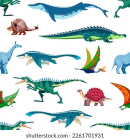 Cartoon aquatic, flying dinosaurs personages seamless pattern. Extinct ocean dinosaurs textile or fabric vector print with Basilosaurus, Doedicurus, Sarcosushus and Mosasaurus, Baryonyx, Carbonemys