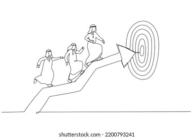 Cartoon Of Arab Business Man Coworkers Walking Up Arrow To Reach Target. Metaphor For Team Target Or Achievement, Teamwork Or Leadership. One Line Style Art
