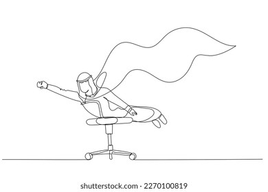 Cartoon of arab businessman with cape on office chair pose like hero. Continuous line art