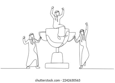 Cartoon of arab businessman celebrating victory with team holding trophy. Continuous line art style