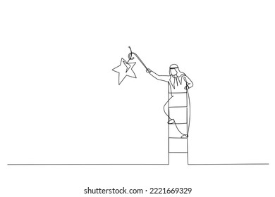 Cartoon Of Arab Businessman Climbing Up Ladder To The Top High Into The Sky To Grab The Star. Single Line Art Style
