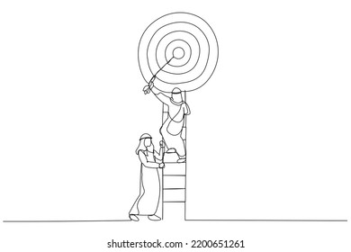 Cartoon of arab businessman climbs a ladder in target. Metaphor for teamwork. One line style art
