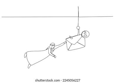 Cartoon of arab businessman diving underwater try to catch scam email concept of pishing and crime. Continuous line art style