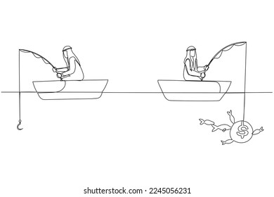 Cartoon of arab businessman fishing dollar money profit sitting in boat. Single continuous line art