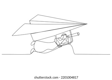 Cartoon of arab businessman flying paper airplane origami as glider with telescope to see future. Future forecast or discover new idea. Single continuous line art style
