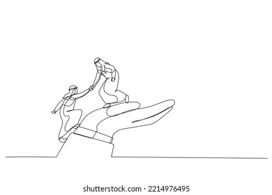 Cartoon of arab businessman helps companion climb to the giant hand. Continuous line art
