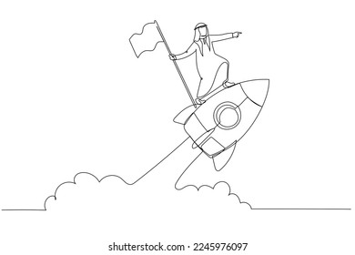 Cartoon of arab businessman holding number one flag standing on flying rocket. One continuous line art style