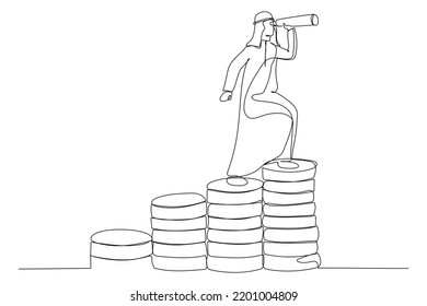 Cartoon of arab businessman leader on raising money stack using telescope or spyglass looking forward for business opportunity. Continuous line art style
