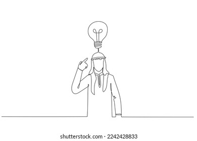 Cartoon of arab businessman pointing to head with one finger found and remember idea. Single continuous line art