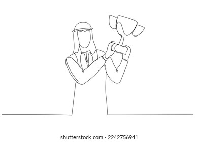 Cartoon of arab businessman raising trophy metaphor of success. Single line art style