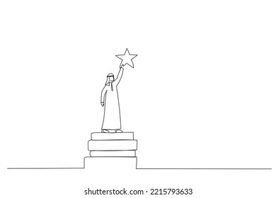 Cartoon of arab businessman reach out for the stars by using books as the platform. Single line art style
