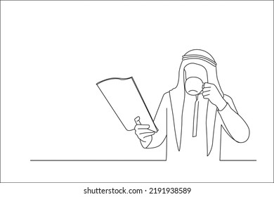 Cartoon of arab businessman is reading newspaper and eating breakfast. Line art style
