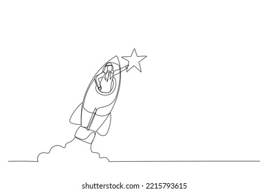 Cartoon of arab businessman riding fast rocket to catch golden star. Metaphor for Innovation. Single continuous line art style
