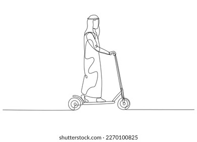 Cartoon of arab businessman riding scooter. metaphor for eco friendly transportation. One line art style