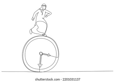 Cartoon of arab businessman running on clock. Deadline concept. Single continuous line art style
