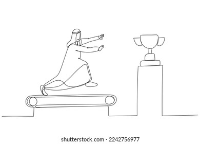 Cartoon of arab businessman running on the treadmill try to get trophy concept of rat race. Single line art style