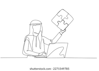 Cartoon of arab businessman showing puzzle that connected. Concept of teamwork. Single continuous line art style