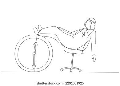 Cartoon of arab businessman sleeping lay down on office chair and alarm clock covered his face with book. Afternoon slump, laziness metaphor. Single continuous line art style
