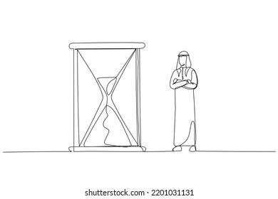 Cartoon Of Arab Businessman Standing And Looking At Hourglass While Time Goes By. Patience Concept. Continuous Line Art