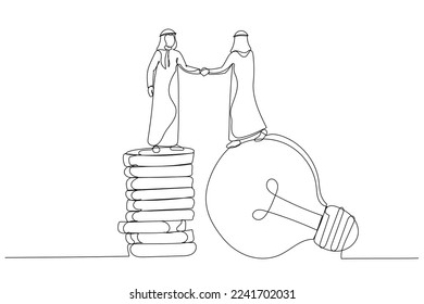 Cartoon of arab businessman standing on lightbulb idea lamp shaking hands. Idea pitching. One line style art

