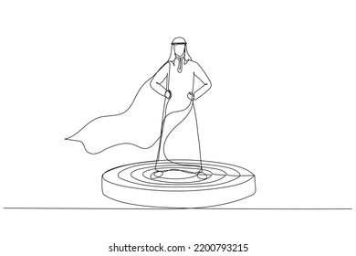 Cartoon of arab businessman superhero leader on podium, standing proud and strong. Metaphor for arab business management and boss. One line art style
