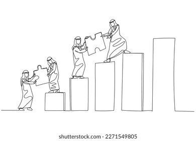 Cartoon of arab businessman and team bring puzzle to the top. Concept of teamwork. Single continuous line art style
