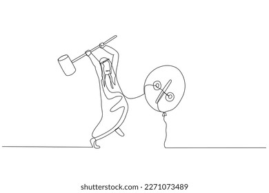 Cartoon of arab businessman trying to hit balloons with interest sign. Concept of inflation control. Continuous line art style