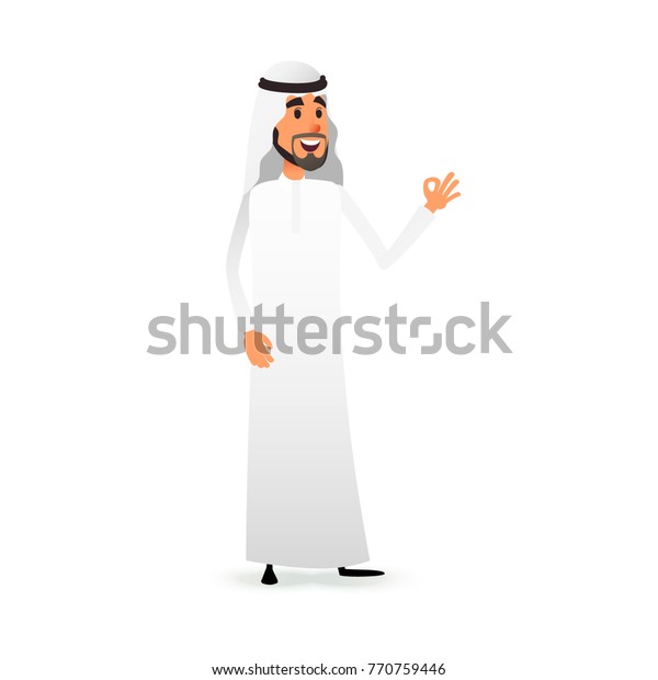 Cartoon arab\
man. Arabic businessman flat character. Arabian muslim entrepreneur\
in traditional national\
costume
