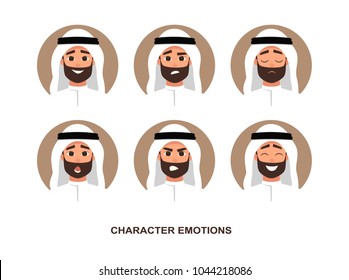 Cartoon arab man avatars emotion. Set of avatars with character emotions including surprise, happiness, anger, smirk, grin cartoon style vector illustration of isolated layers on a white background