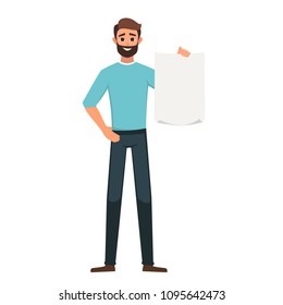 Cartoon Arab man character holding a blank sheet of paper. Vector illustration isolated from white