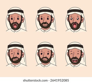 Cartoon Arab man facial expressions – emotional character set
A flat vector illustration showing six facial expressions of an Arab man in traditional Gulf clothing. This expressive character set inclu
