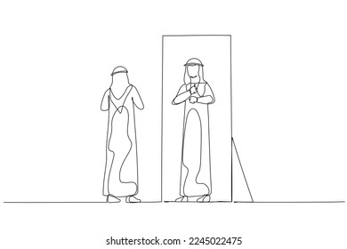 Cartoon of arab man getting ready to work. Single continuous line art style
