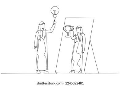 Cartoon of arab man having ide lightbulb looking into mirror have reflection holding award trophy. Single continuous line art style