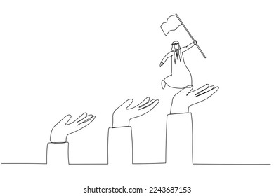 Cartoon of arab man jumping up giant hand growth ladder concept of progress. One line art style