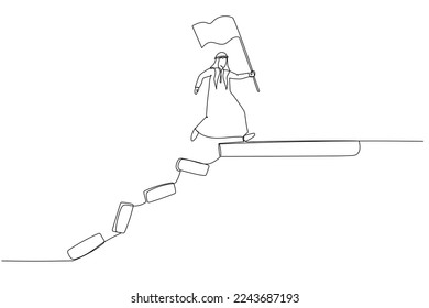 Cartoon of arab man jumping on collapse bridge to reach target concept of survival. One continuous line art style