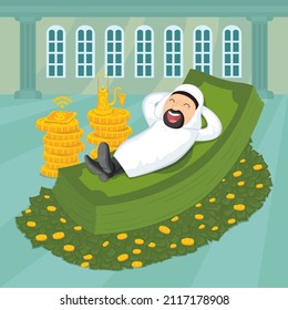 Caricatura de un árabe riendo y echado sobre un montón de dinero, dibujo de ilustradores vectores de dibujos animados