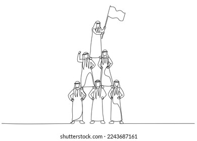 Cartoon of arab man make pyramid and lead by business leader with flag. One line art style