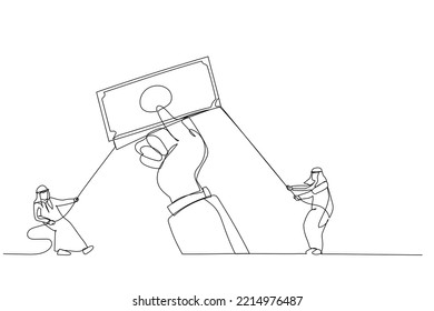 Cartoon of arab man pull money in the hands of giants. Single continuous line art style
