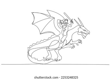 Caricatura de un hombre árabe montando un dragón concepto de vencer la adversidad y el coraje. Arte de estilo de una línea